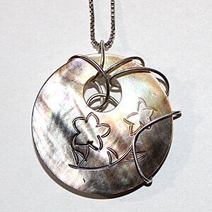 Sterling Silver Carved Mother of Pearl Wire Wrapped Box Chain Necklace 20 Inches